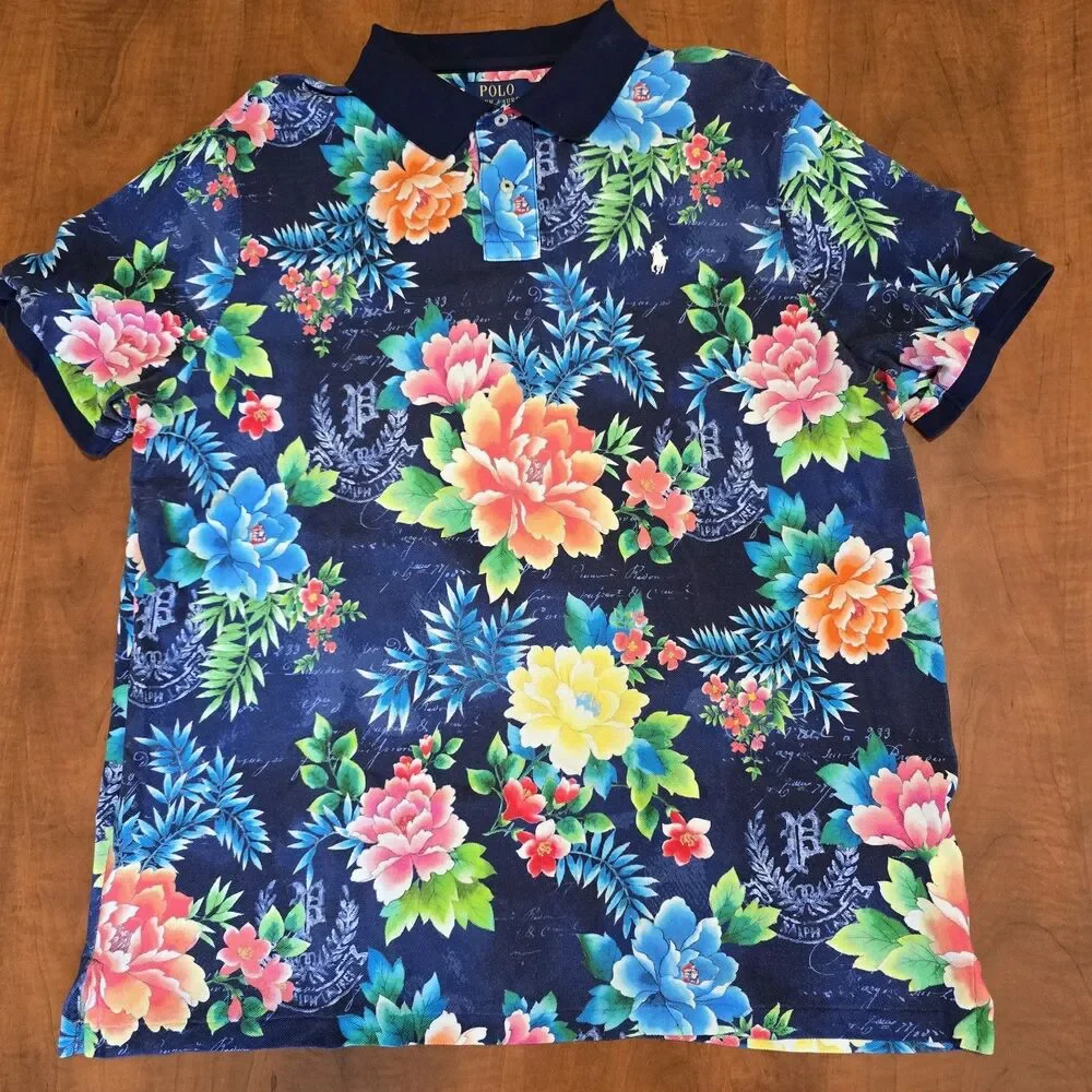 Polo Ralph Lauren Mens Short Sleeve Floral Print Old English P Polo Shirt XL - Picture 1 of 6